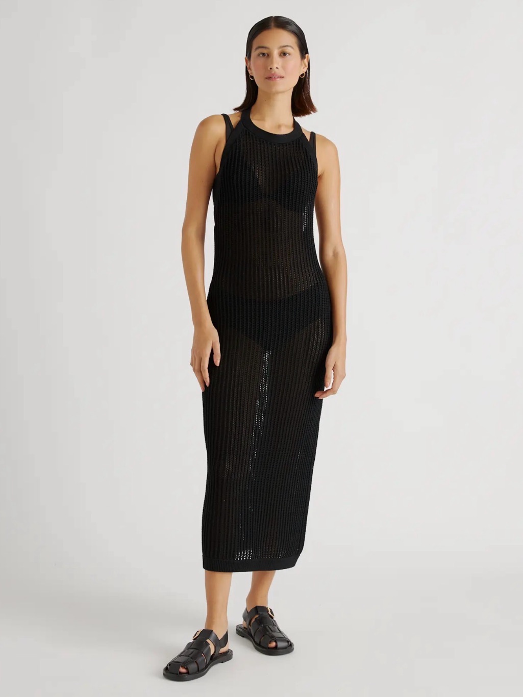 Quince 100% Organic Cotton Black Open Knit Cover Up Maxi Dress Size Large
